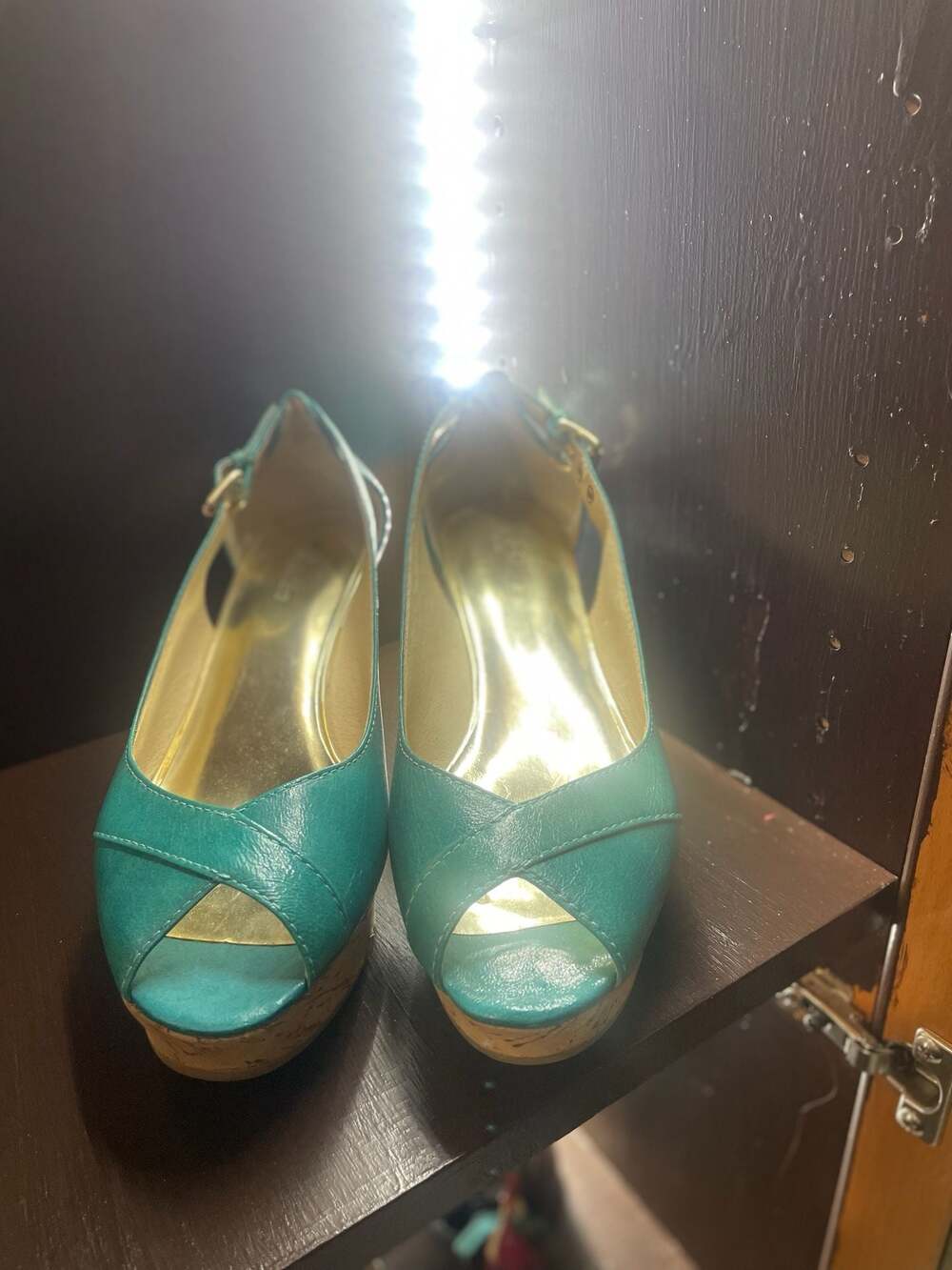 Michael Kors Teal Leather Peep Toe Cork Wedge Sandals